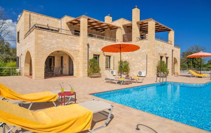 Traditional Stone Villas, Kalyves, Pool area with sunbeds
