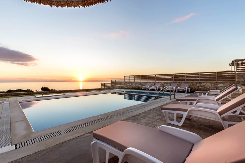 Blue Horizon Villas Triopetra, Triopetra, middle villa pool at sunset