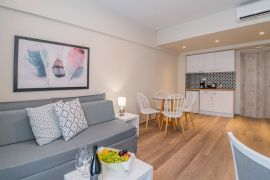 Bio Suites Hotel, Rethymno town, one bedroom apartment sofa kitchen 2